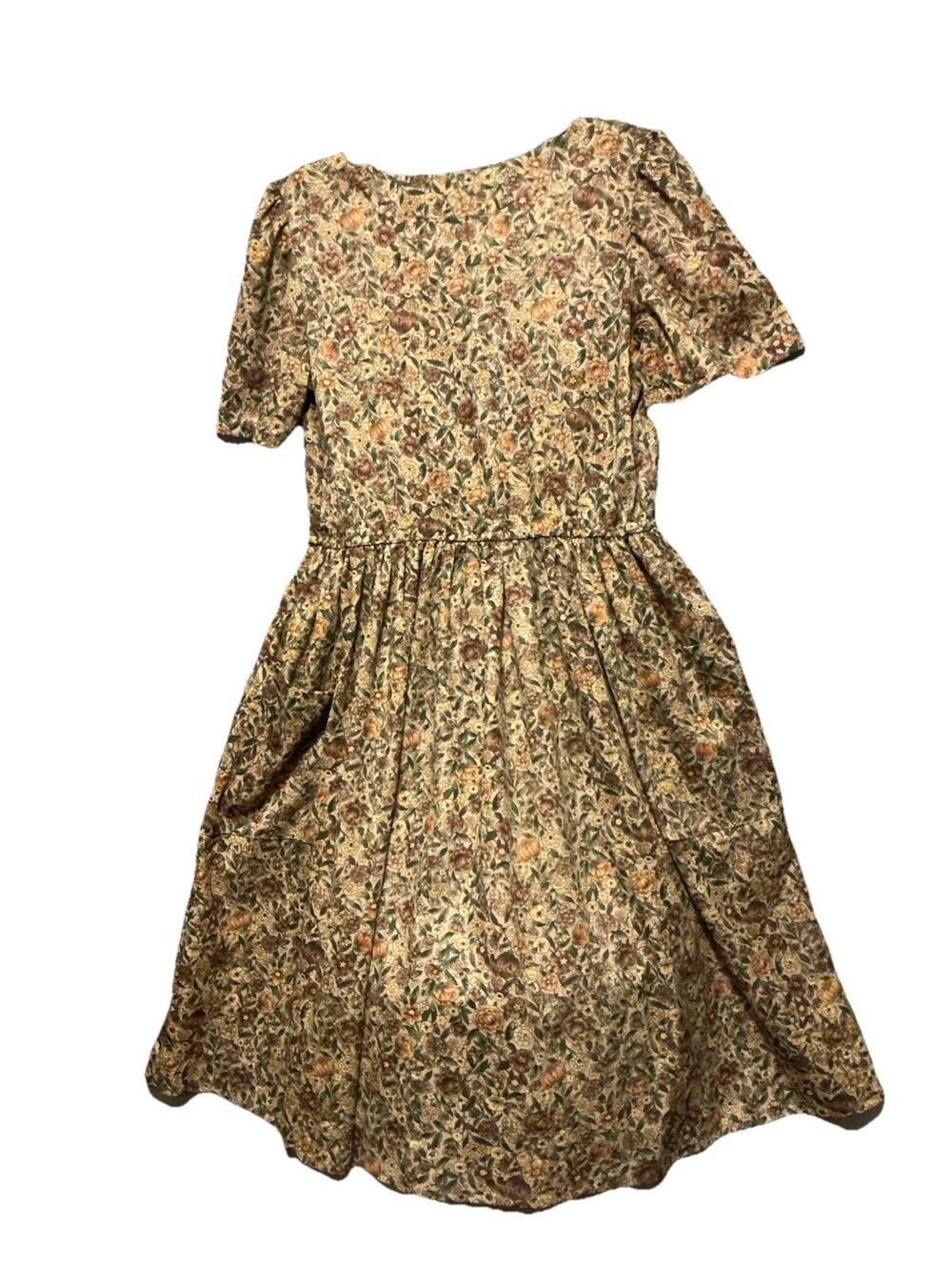 VTG 60-70’s Floral Handmade Dress Deep Front Pockets SZ 12/14 Stretch Waist